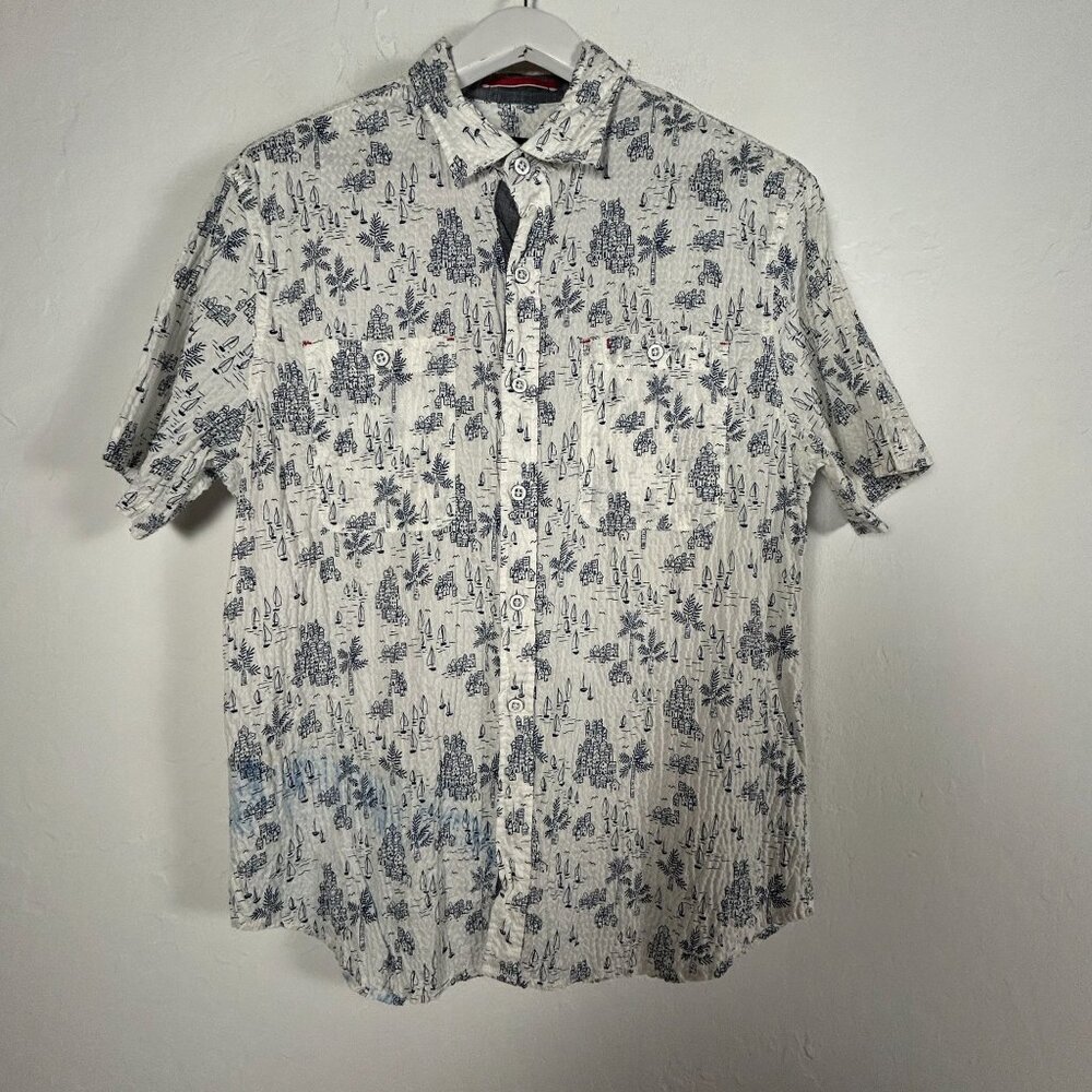 Tommy Bahama Camp Shirt Mens Medium Santorini Sail Stretch Cotton Puckered Blue